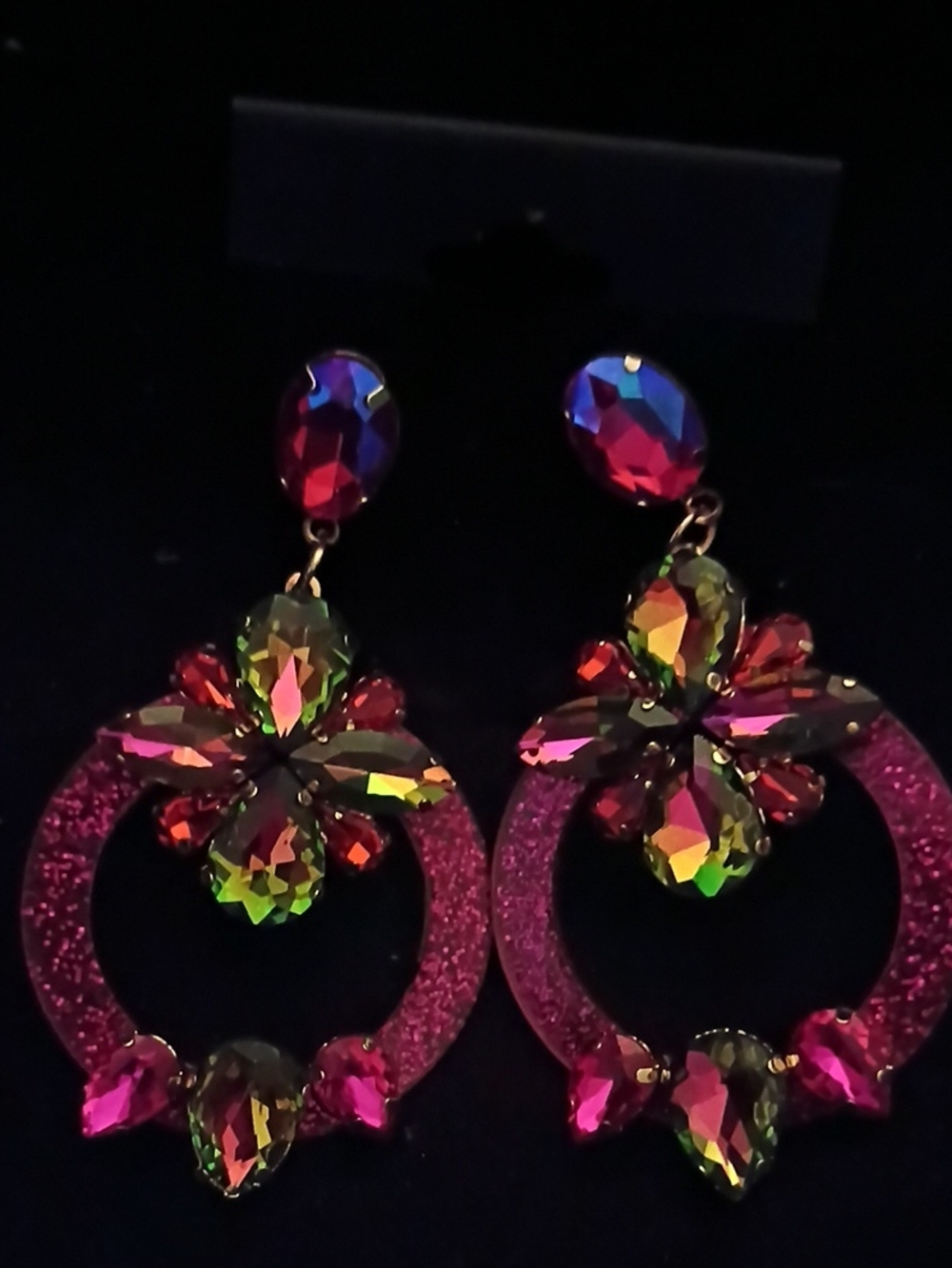 Pink Crystal Hoop Drop Earrings with Multi-Color Faceted Stones